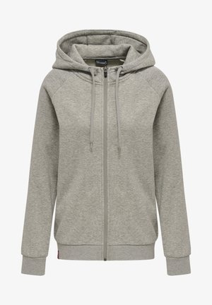 Grau zip-up Hoodie aus weichem Stoff, mit Kapuze mit Kordelzug, Raglanärmeln und gerippten Bündchen und Saum. Minimalistisches Design ohne Muster.