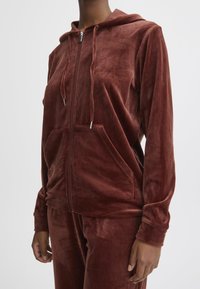 Velvet zip-up hoodie in brown, featuring a hood, front pockets, and drawstrings. Soft texture with a smooth, plush finish.
