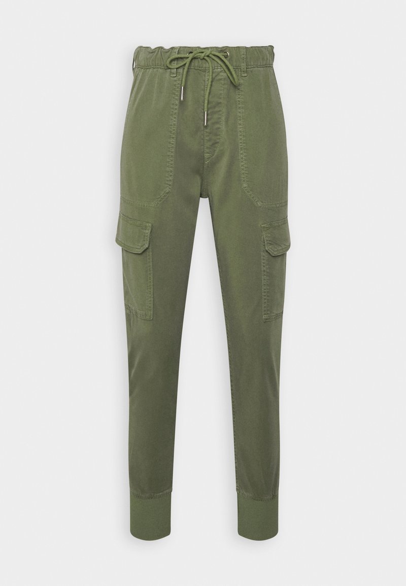 Pantalon de jogging cargo vert olive avec taille élastique, cordon de serrage, poches à rabat latérales et poignets côtelés.