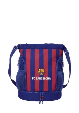 Niebieska i czerwona torba sportowa w paski z siateczkowymi bocznymi kieszeniami, regulowanym paskiem, zamkami błyskawicznymi i logo FC Barcelony z przodu.