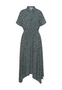 Groene midi-jurk met zwarte stippen, korte mouwen, kraag, elastische taille en een asymmetrische onderrand. Gemaakt van een lichte stof.