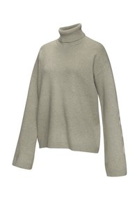 Hellgrauer Rollkragenpullover, gestrickte Textur, lange Ärmel, gerippte Bündchen und Saum. Verfügt über eine entspannte Silhouette und überschnittene Schultern.