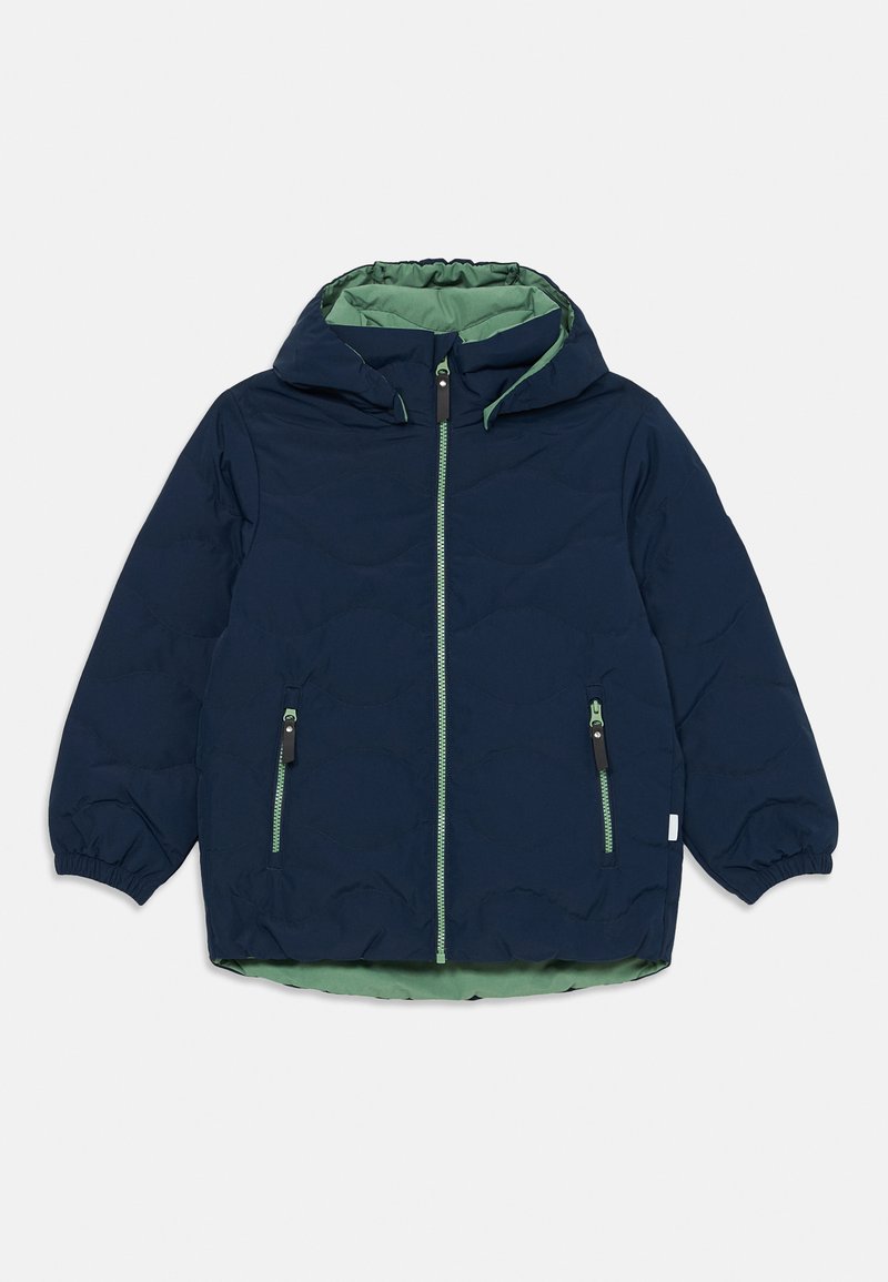 Navy blue padded jacket with green lining, hood, front zipper, two zippered pockets, and elastic cuffs, laid flat on white background.