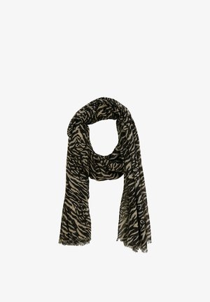Écharpe à motif zébré beige et noire, en tissu doux, avec bords effrangés et design léger et fluide.