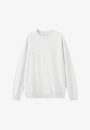 Felpa grigio chiaro con scollo a girocollo e maniche lunghe, polsini e orlo a costine, con piccole scritte "MEDITERRANEAN VIBES" e "LIVING OFFLINE" sul davanti.
