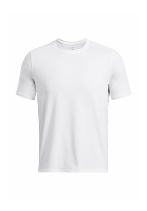 Camiseta blanca de manga corta fabricada con tela suave. Presenta un escote redondo y un diseño simple, sin costuras, sin patrones ni acentos.