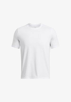 Camiseta blanca de manga corta fabricada con tela suave. Presenta un escote redondo y un diseño simple, sin costuras, sin patrones ni acentos.