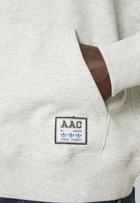 Ljusgrå sweatshirt med framficka, med en svart etikett med "AAC by adidas" och blå tre-stripes-logotyp. Mjuk, texturerad tyg.
