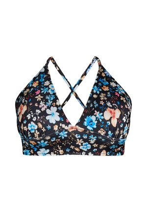 Sort blomster-bh med blå, hvide og orange blomster, med tynde krydsede stropper og en dyb V-hals.