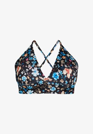 Sort blomster-bh med blå, hvide og orange blomster, med tynde krydsede stropper og en dyb V-hals.