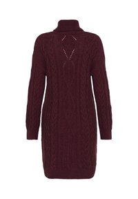 Burgundijska dolga rokav obleka s puloverjem z visokim ovratnikom, ki vsebuje pleteno zasnovo in diamantni vzorec na hrbtni strani. Mehka, teksturirana tkanina.