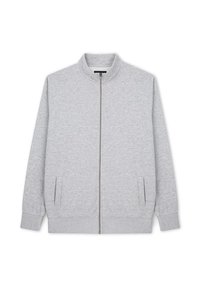 Szara kurtka zapinana na zamek z stojącym kołnierzem, bocznymi kieszeniami i gładką, teksturowaną tkaniną. Prosty design bez widocznych wzorów ani akcentów.