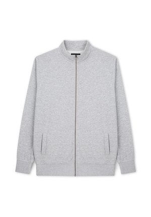 Szara kurtka zapinana na zamek z stojącym kołnierzem, bocznymi kieszeniami i gładką, teksturowaną tkaniną. Prosty design bez widocznych wzorów ani akcentów.