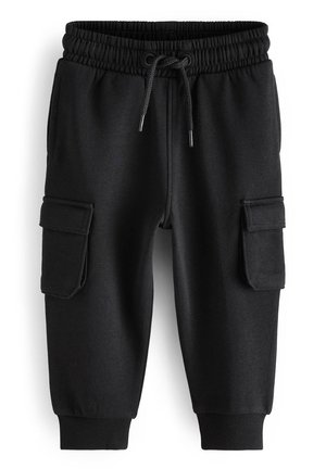 Sorte cargo joggebukser med elastisk talje, snøre, sidelommer med klap og ribstrikkede manchetter.
