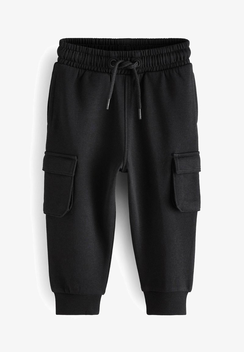 Pantalon cargo jogger noir avec taille élastique, cordon de serrage, poches latérales à rabat et poignets côtelés.