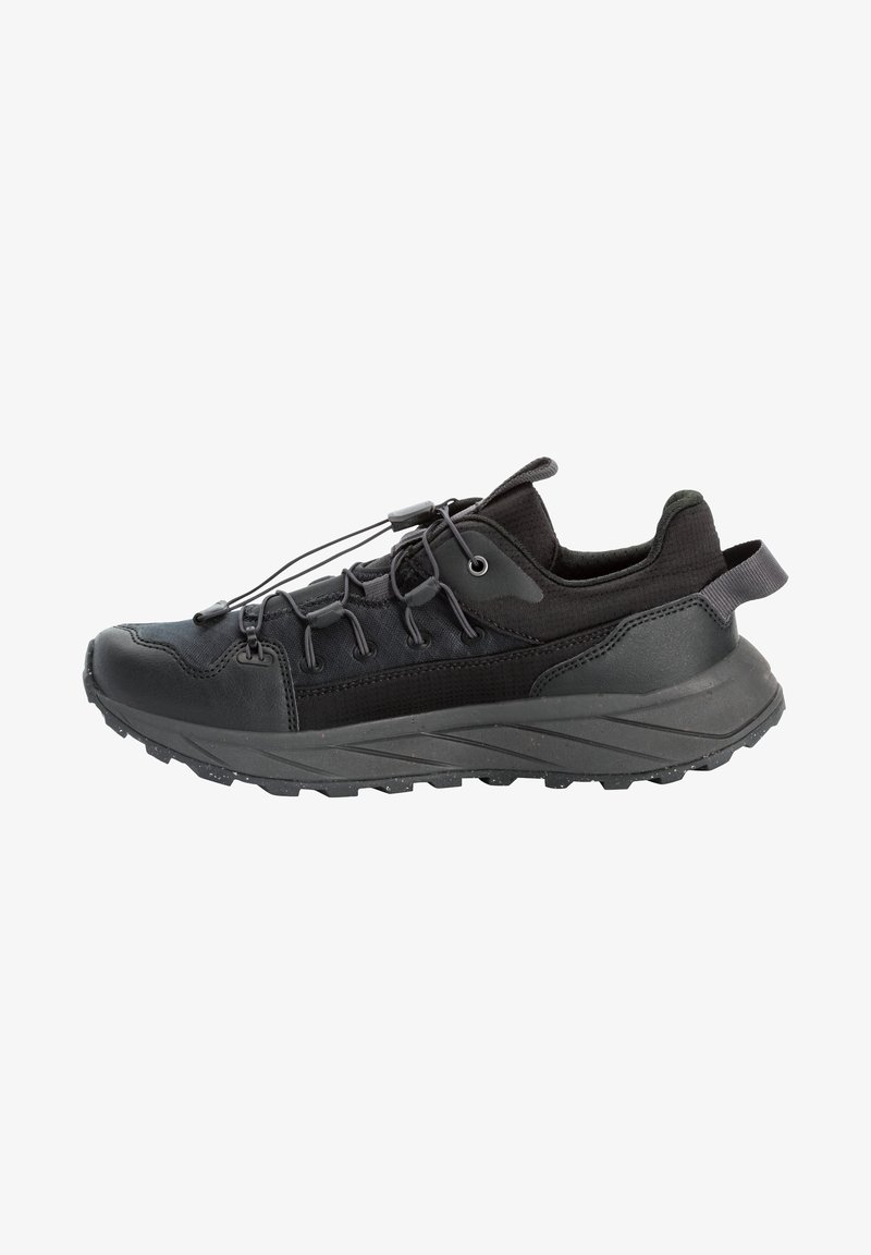 Scarpe sportive nere con tomaia strutturata, sistema di lacci per una vestibilità sicura e suola robusta e multidirezionale per la trazione.