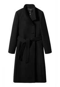 Cappotto di lana nero con colletto alto, chiusura a doppio petto con bottoni, maniche lunghe e una cintura coordinata in vita. Texture liscia.