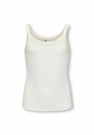 White ribbed sleeveless tank top with wide straps and a round neckline on a plain background.