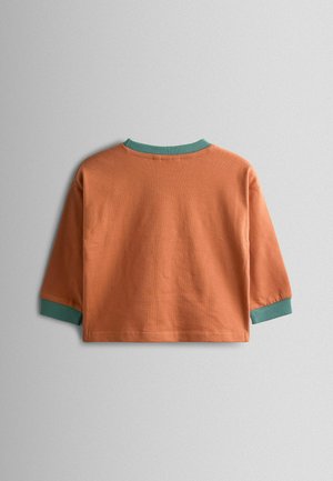 Langärmliges Hemd aus Baumwolle in verbranntem Orange, mit einem türkisfarbenen Kragen und Manschetten. Das Design ist schlicht, mit geradem Schnitt und weicher Textur.