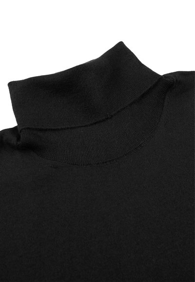 Zwarte coltrui met een getailleerde silhoeët, gemaakt van gladde tricotstof. Voorzien van een hoge, geribbelde kraag met nette stiksels langs de randen.
