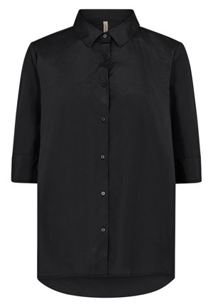 Czarna koszula na guziki z krótkim rękawem, klasycznym kołnierzem i rękawami do połowy długości, z lekko zaokrąglonym dołem.