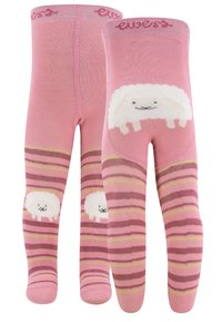 Rosa Strumpfhose für Kleinkinder mit einem weißen Schafdesign auf der Rückseite, versehen mit horizontalen Streifen in verschiedenen Rosa-, Lila- und Gelbtönen. Weiches Material.