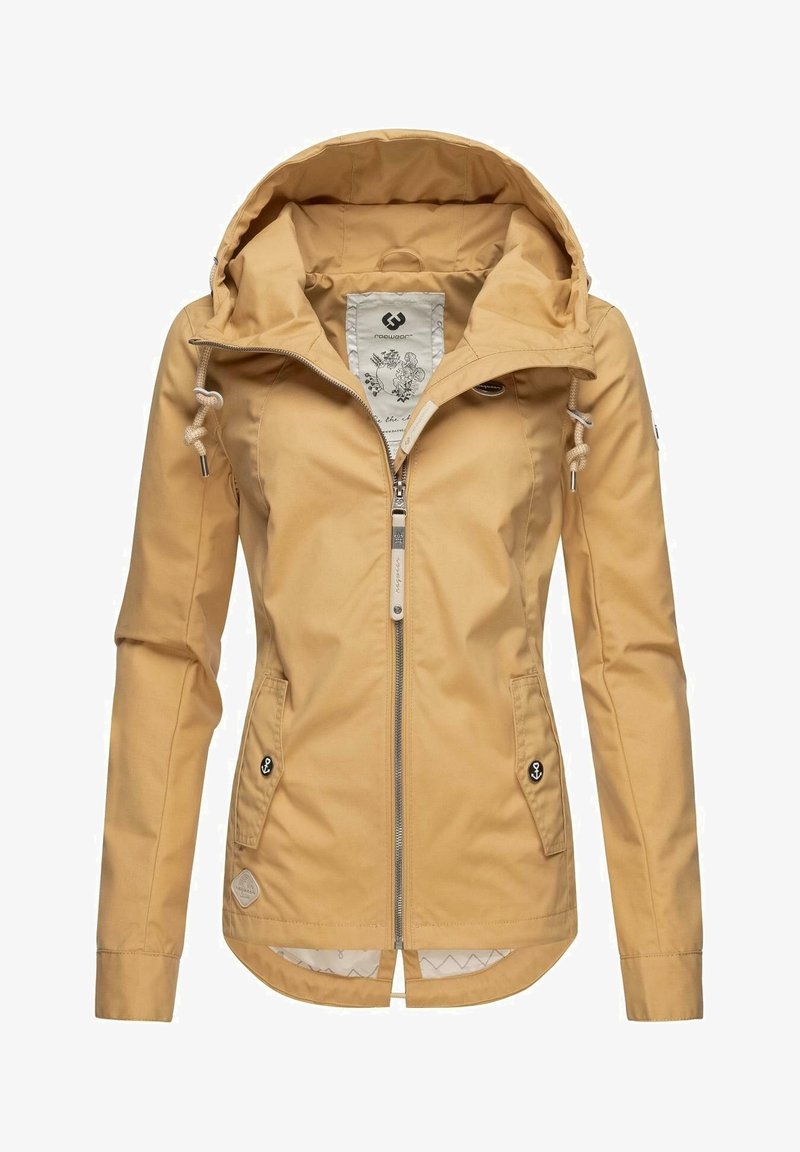 Veste imperméable jaune avec fermeture éclair à l'avant, capuche réglable et deux poches latérales. Dotée de cordons de serrage et d'une doublure intérieure à motifs.