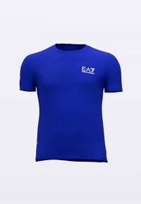 Blue short-sleeved T-shirt made of stretchy fabric. Features EA7 logo in white on the chest. Crew neckline and smooth texture.