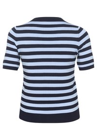 Kortærmet striktop med vandrette striber i marineblå og lys blå, rund halsudskæring og tætsiddende design med ribbet kant.
