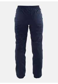 Marineblauwe waterdichte broek met een elastische tailleband, taps toelopend ontwerp en versterkte boorden. Gladde textuur, geschikt voor buitensporten.