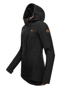 Veste isolante noire au design ajusté, avec capuche, doublure en fausse fourrure et accents de boutons marron. Comprend des poches latérales et un patch logo.