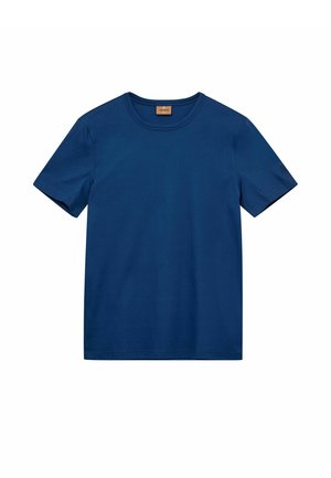 Plain navy blue short-sleeve crew neck t-shirt with visible stitching and a small branded label inside the collar.