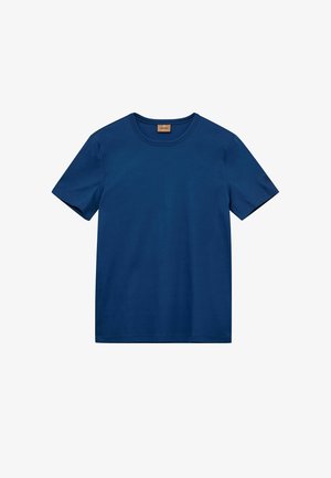 Plain navy blue short-sleeve crew neck t-shirt with visible stitching and a small branded label inside the collar.