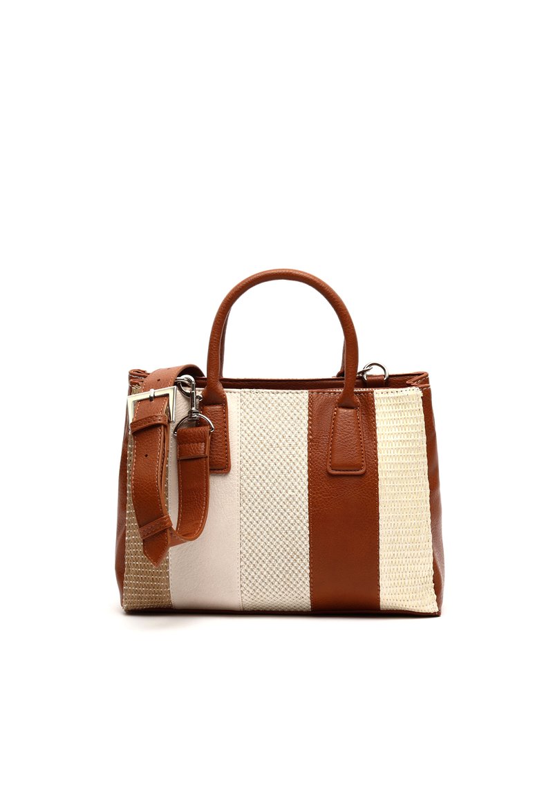 Borsa a strisce marrone e crema con texture in pelle e tessuto intrecciato. Dotata di manici superiori e di una tracolla removibile.