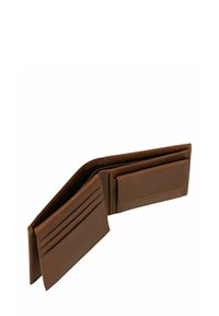 Portafoglio in pelle marrone con design a due pieghe, dotato di quattro slot per carte, un compartimento per banconote e una texture liscia.