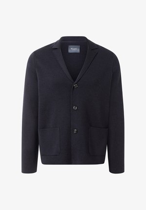 Marineblauwe cardigan met een gelabelde kraag, vijf knopen, twee voork pocketen en een textuur gebreide afwerking. Ontworpen voor casual lagen.