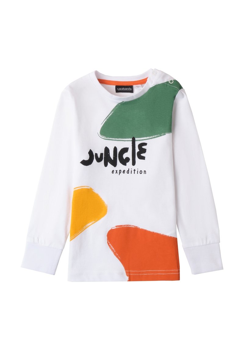 Weißes Langarmhemd mit bunten abstrakten Formen in Grün, Orange und Gelb, mit dem Aufdruck "JUNGLE Expedition" in Schwarz.