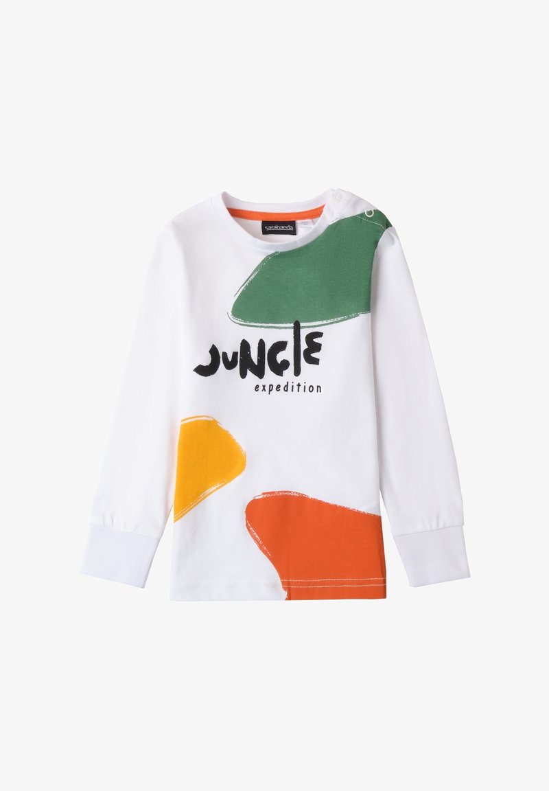 Weißes Langarmhemd mit bunten abstrakten Formen in Grün, Orange und Gelb, mit dem Aufdruck "JUNGLE Expedition" in Schwarz.