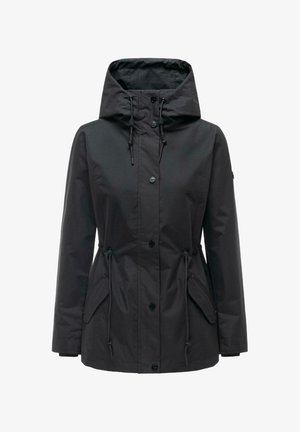Black hooded jacket with front buttons, adjustable drawstrings at waist and hood, and flap pockets on both sides.