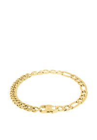 Pulsera de cadena en tono dorado con eslabones entrelazados y un cierre seguro. Superficie lisa y brillante con un acabado pulido.