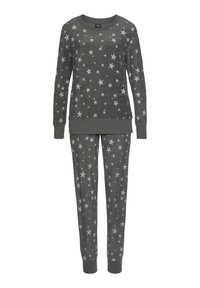 Gray loungewear set featuring a long-sleeve top and pants, both with white star patterns. Soft fabric, ribbed cuffs, and waistband detail.