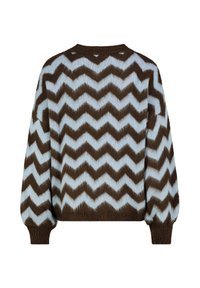 Fluffiger Pullover mit einem Zickzackmuster in Braun und Hellblau. Rundhalsausschnitt, lange Ärmel und gerippte Bündchen und Saum. Weiche Textur.