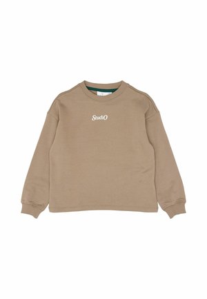 Beige crewneck sweatshirt med lange ærmer og ribstrikkede manchetter, med hvid "StudiO" tekst centralt på brystet.