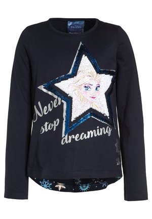 Granatowa koszula z długim rękawem z naszytą cekinową gwiazdą przedstawiającą twarz kobiecej postaci oraz tekstem "Never stop dreaming" w srebrnym piśmie.