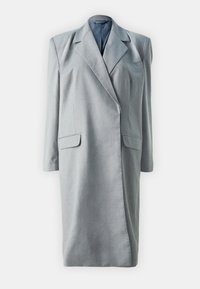 Grå skreddersydd blazer-kjole med lange ermer, klippede slag og to frontlommer. Glatt stoff med en strukturert silhuett.