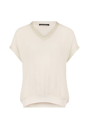 Roomwitte blouse met korte mouwen, V-hals en geribbelde afwerking aan mouwen en halslijn, elastische zoom, label aan de binnenkant van de kraag.