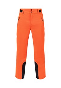Leuchtend orangefarbene Outdoor-Hosen mit schwarzen Akzenten, aus robustem Material. Verfügt über zwei Seitentaschen und einen doppelten Knopfverschluss am Bund.