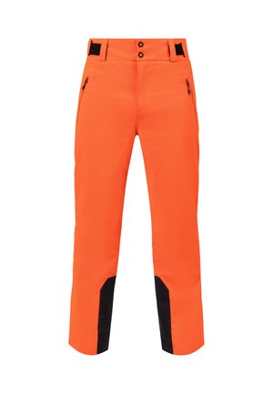 Bright orange outdoor pants with black accents, made of durable material. Features two side pockets and a double-button waistband.