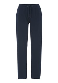 Dunkelblaue Jogginghose mit elastischem Bund, Kordelzug und geraden Beinen. Weicher Stoff, keine Muster und minimale Details.