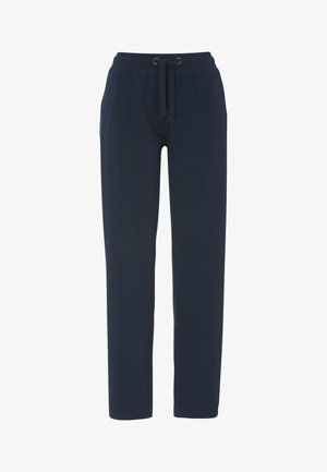 Marineblauwe joggerbroeken met een elastische tailleband, trekkoord en rechte pijpen. Zacht materiaal, zonder patronen en met minimale details.